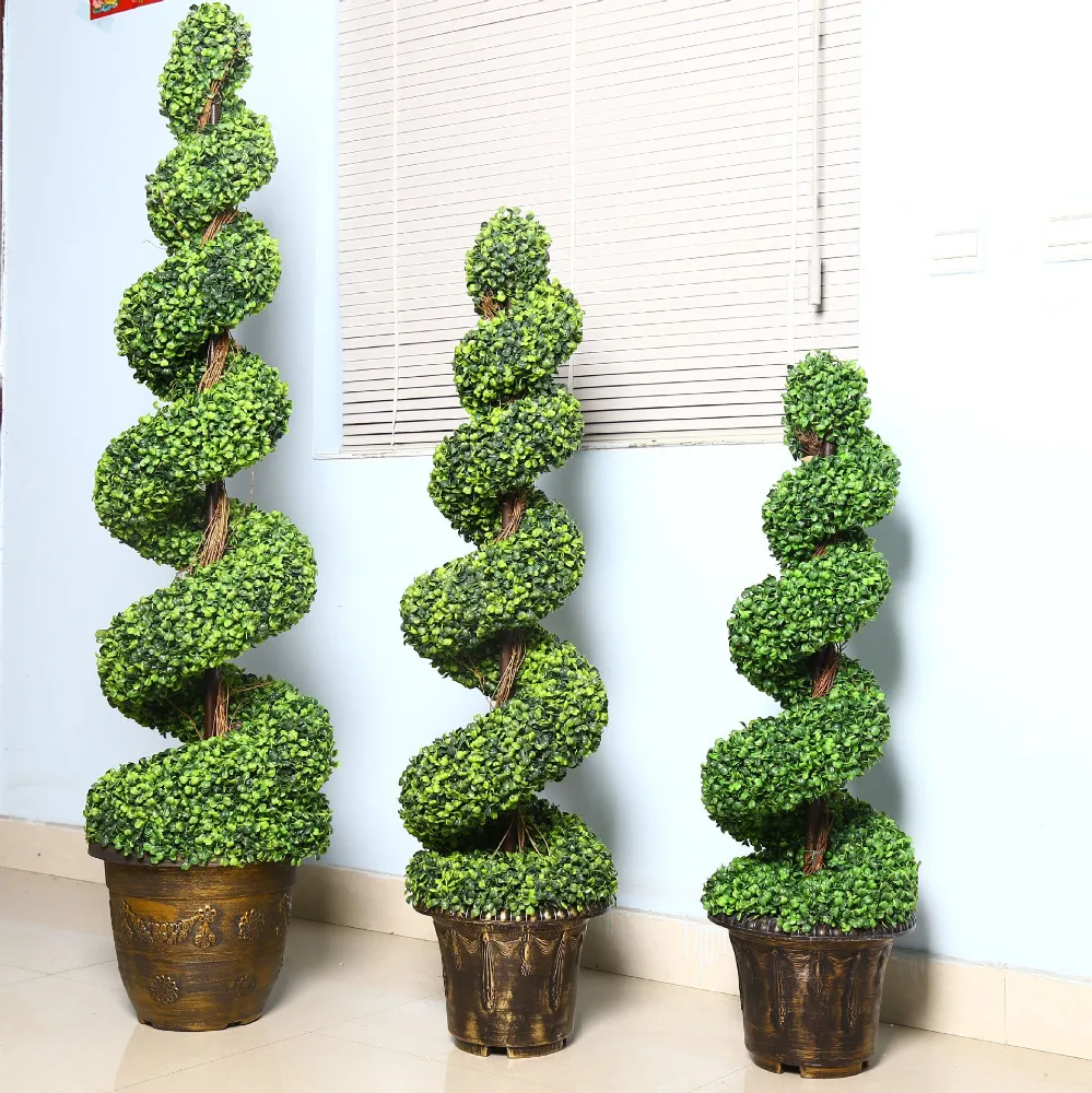 

4 feet artificial potted plants plastic tree boxwood cedar trees topiary Christmas spiral tree for outdoor, Green