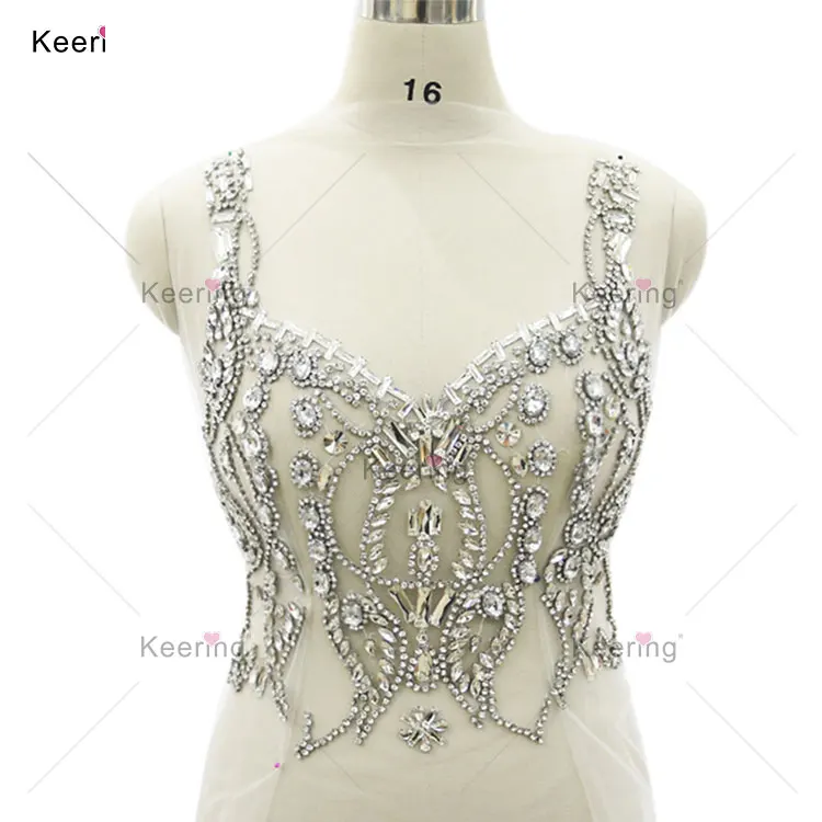 

Hot design bodice beaded applique for crystal dress women bridal WRA-802, Silver and nude mesh