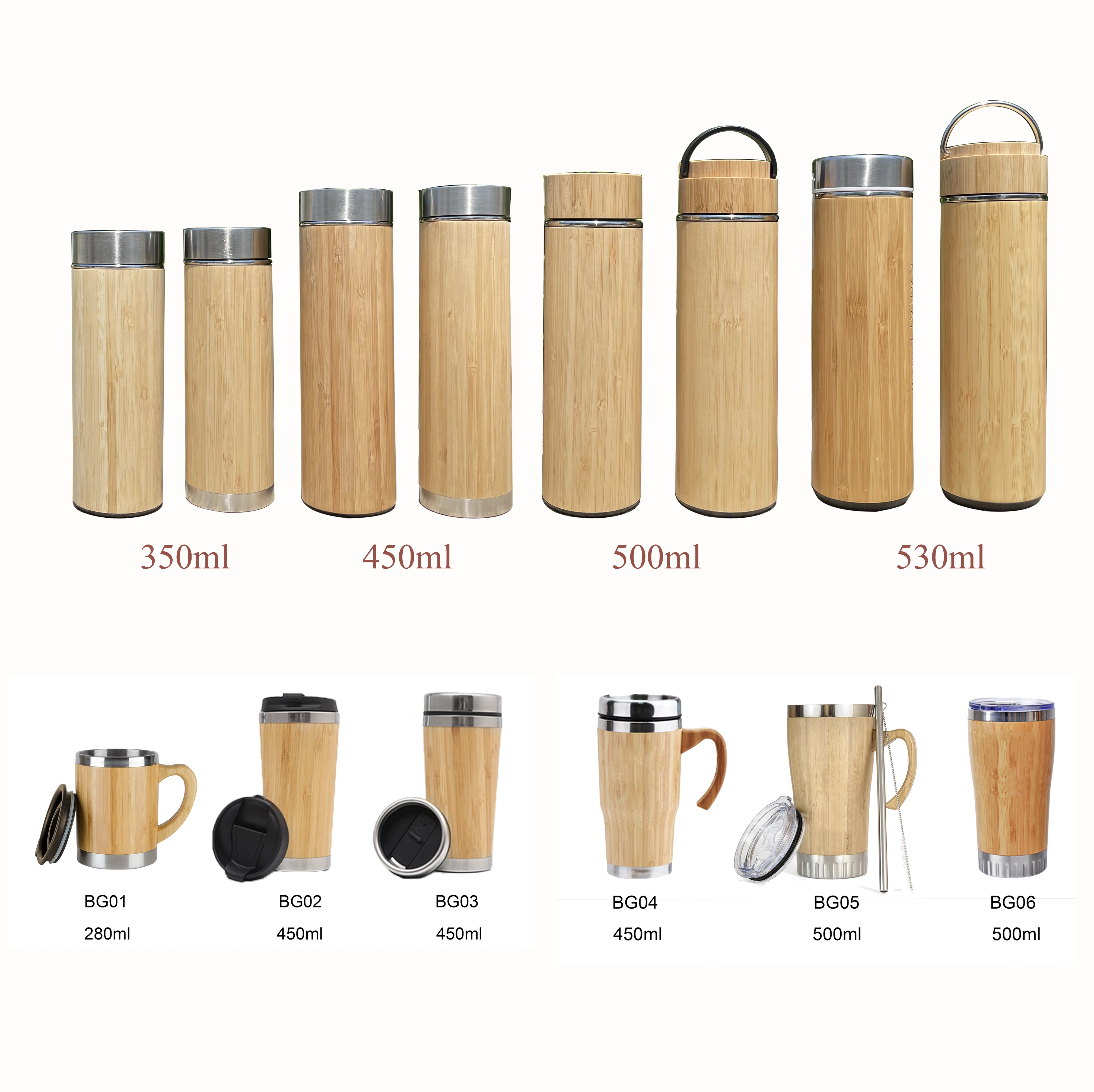 

500ml 100% 304 stainless steel bamboo tea water bottle flask with infuser