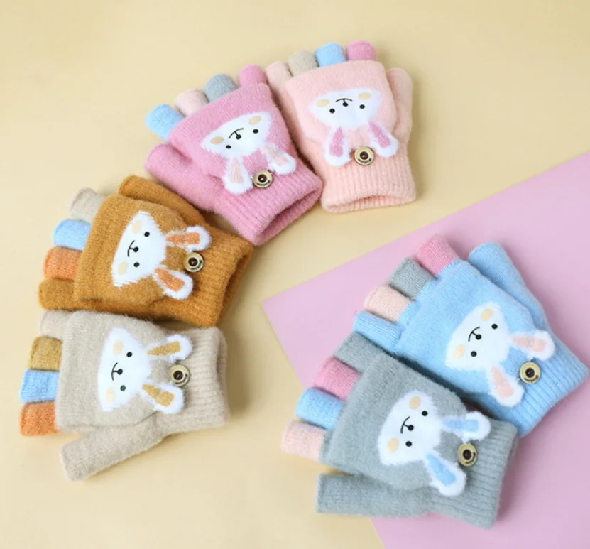 

Winter Children Cute Soft Nylon Rabbit Baby Warm Gloves Boy Girls Colors Outdoor Clamshell Dual Purpose Warm Gloves Kids Gloves, Black