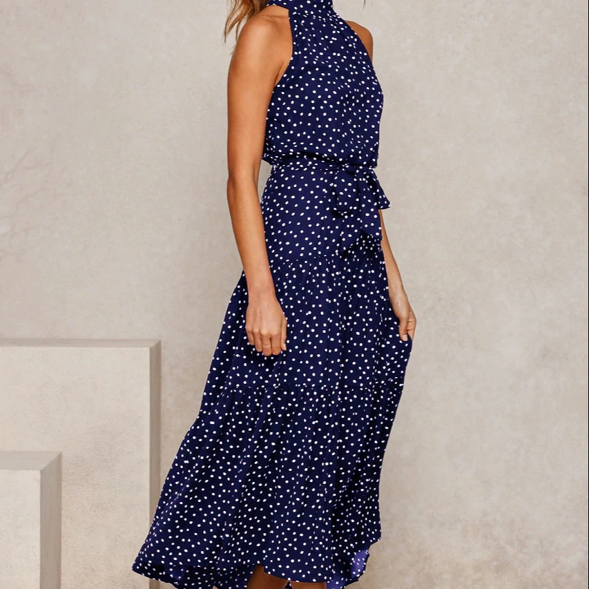 

Summer Long Dress Polka Dot Casual Dresses Sexy Hollow Out Pullover Lace Up Forai Print Bodycon New Women Fashion Clothing