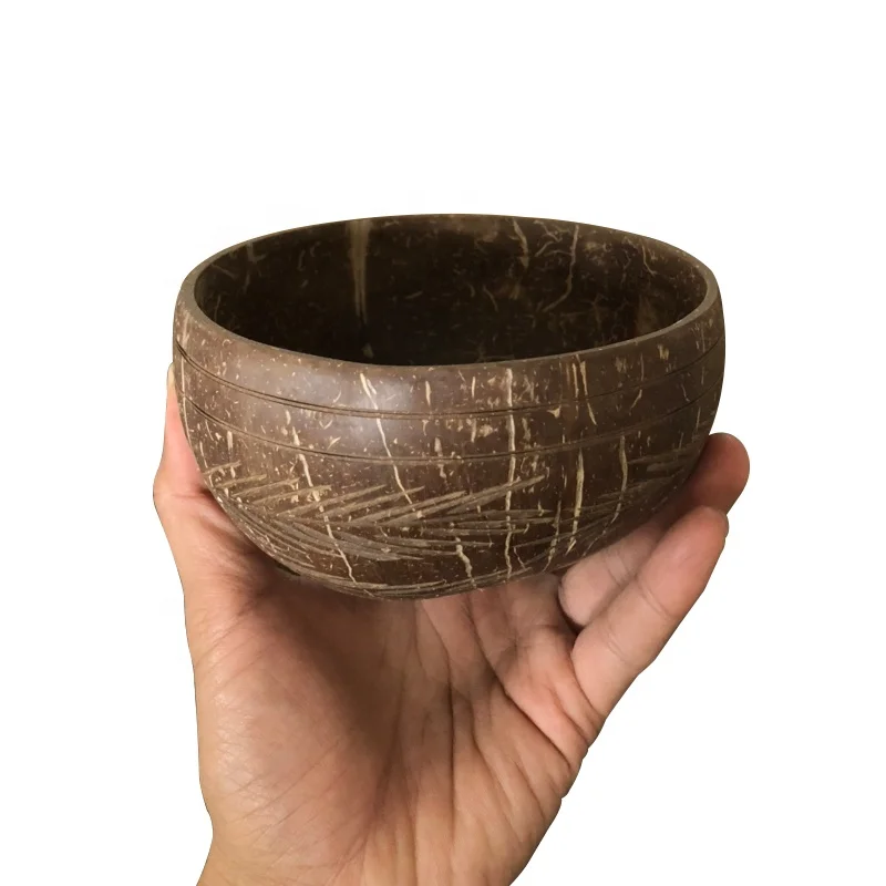 

Natural bamboo wooden coconut bowl with pattern for candles and take oout