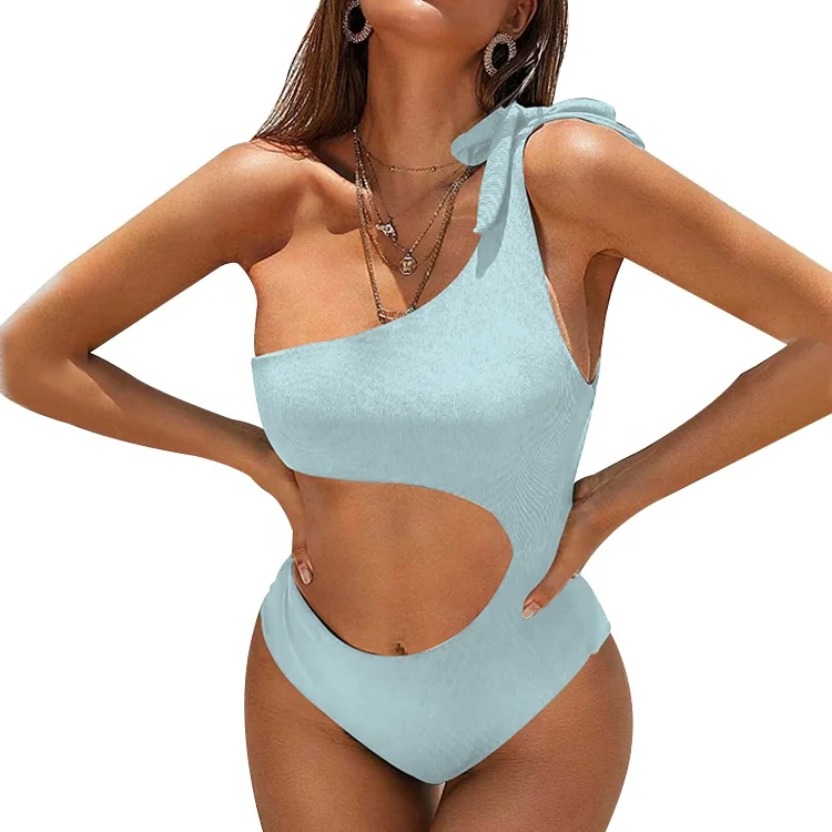 

2022 Ribbed Fabric High Quality Sexy Teen Girl One Piece Bikini Beach Wear One Shoulder Bandeau Swimsuit Woman Fitness Swimwear