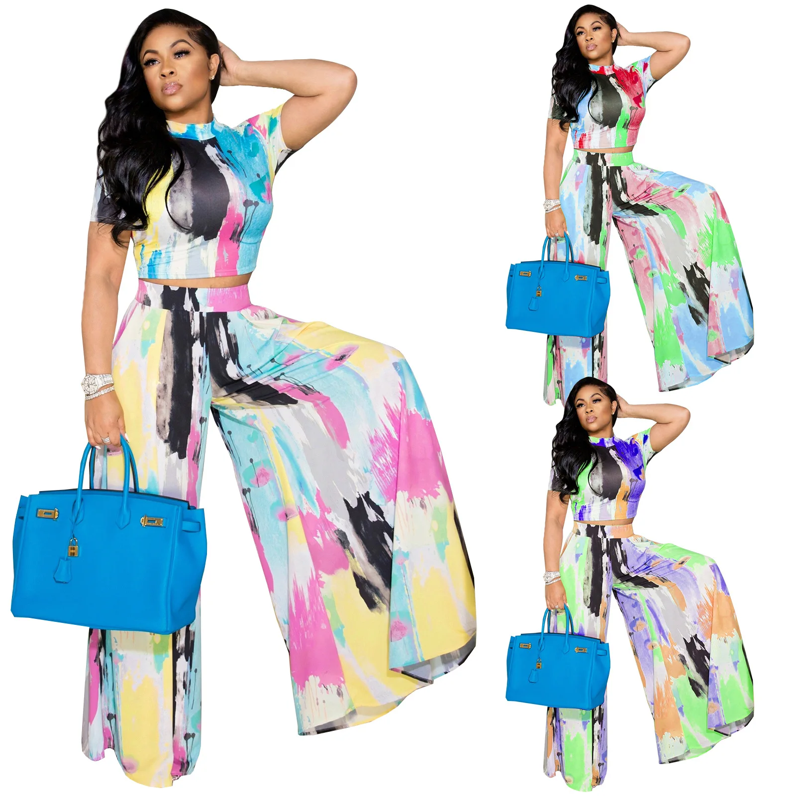 

10410-SW12 aquarell printed summer short shirt 2 piece set women sehe fashion, 3 colors