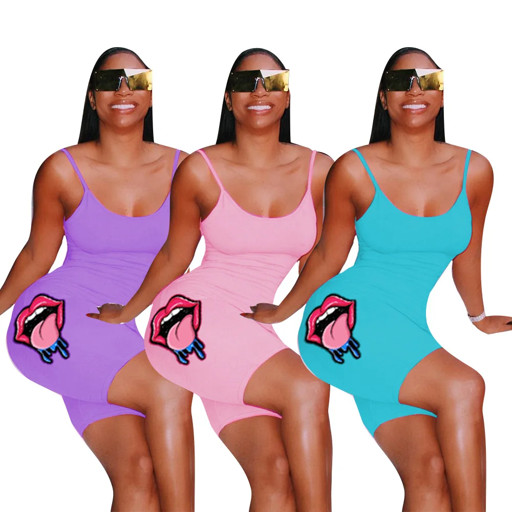 

Fashion Women Suspender Slim Clothing with Lips Print Casual Bodycon Jumpsuit Clubwear Solid Color, 3 colors