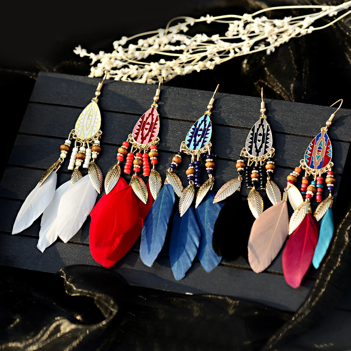 

Bohemian Feather Tassel Earrings For Women 2021 Ohrringe Water Drop Vintage Statement Earrings Boho Indian Jewelry Kolczyki, Multi-color