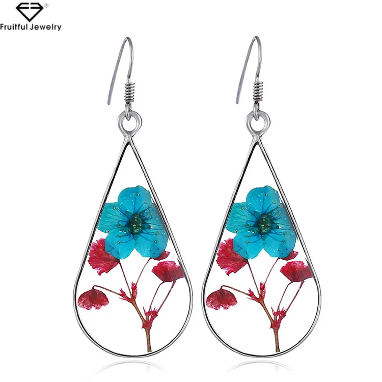 

Resin dried real flower earrings artificial clear double-sided natural dried flower artificial water drop Earrings jewelry