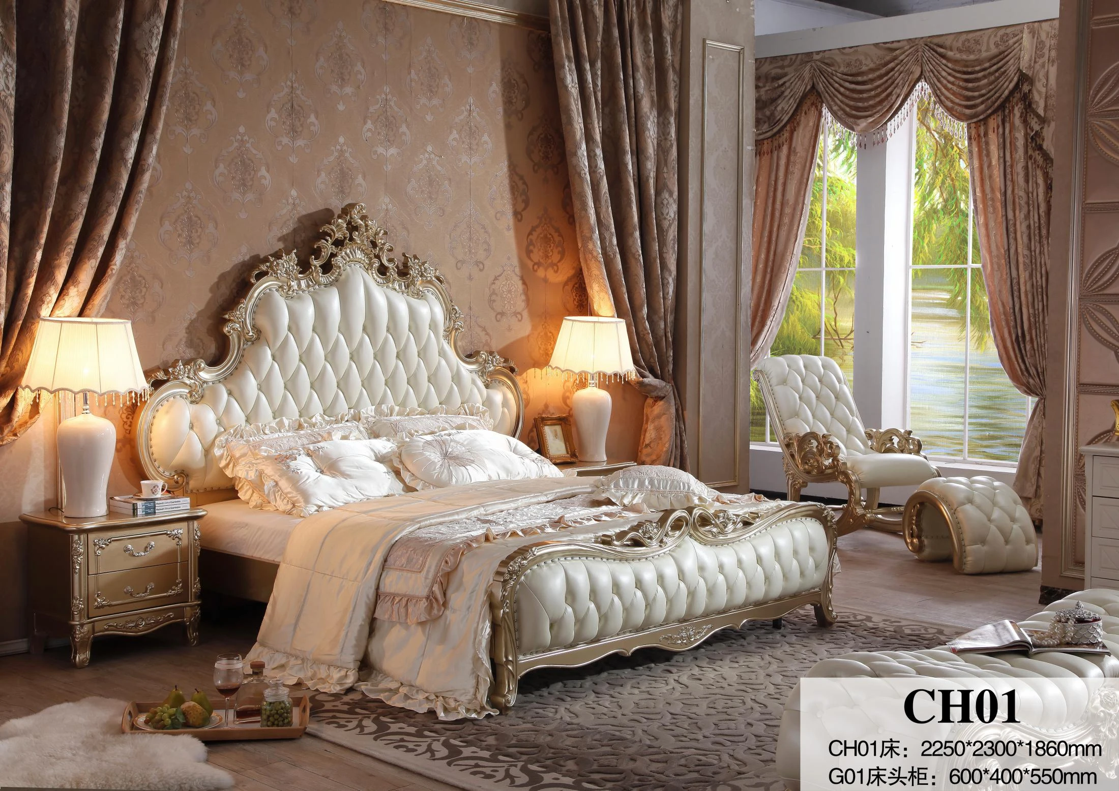 Juego De Muebles De Lujo De Estilo Clásico,Marco De Madera Tallado,Cama