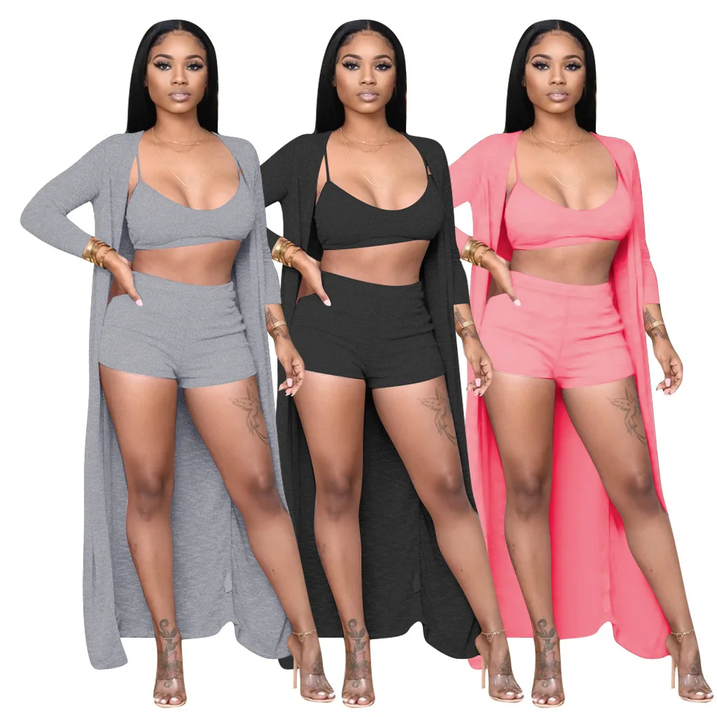 

FM-4086 Newest women's sleepwear winter set Condole belt shorts solid color cardigan 3 pieces sets fall clothing for women