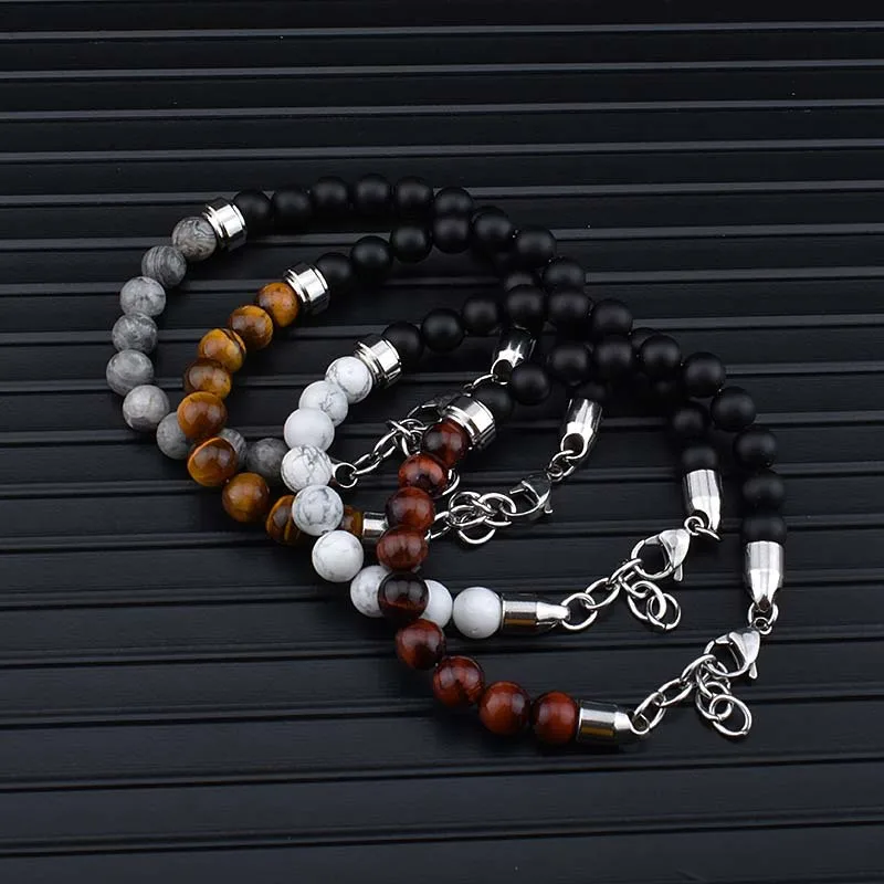

Punk Jewelry Beaded Tiger Eye Stone Bracelet Hip Hop No Fade Stainless Steel Stone Beads Bracelets For Men