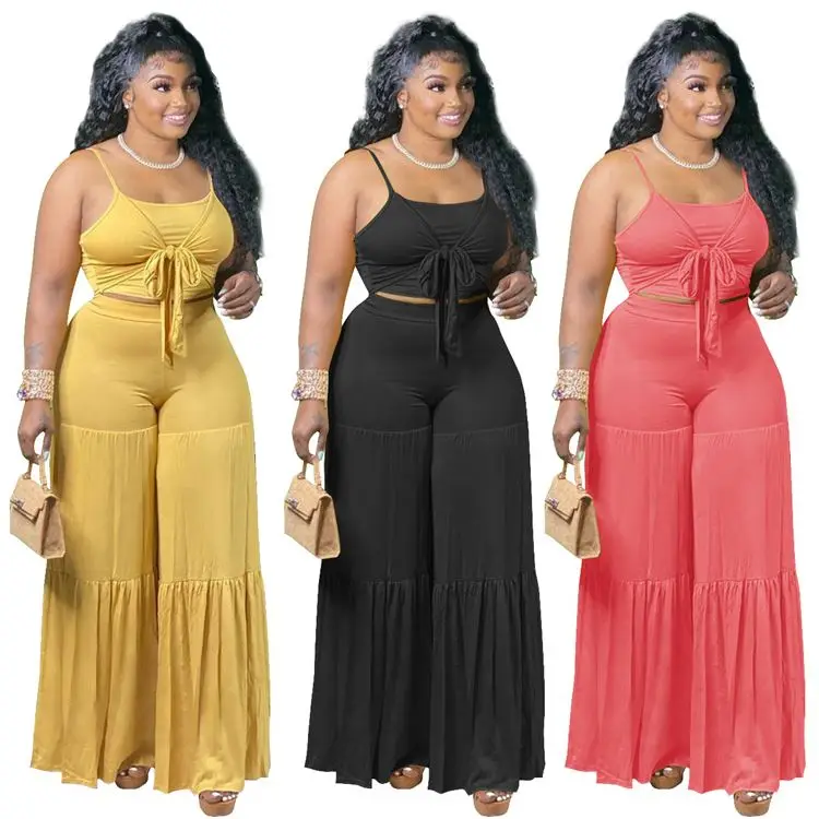 

MOEN Fashionable Solid Bandage Strap Crop Top Wide Leg Pants Women Summer Casual Spliced Two Piece Pants Clothing Sets