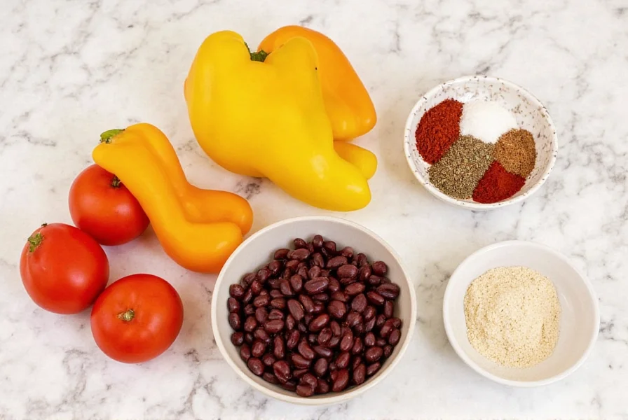 Step-by-step preparation of mild chili ingredients including bell peppers, kidney beans, and mild spices arranged neatly on kitchen counter