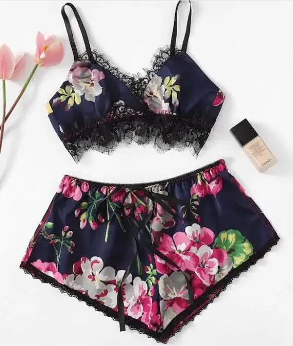 

Women's Satin Pajamas Set Lace Trim Cami Top and Shorts Lingerie Pj Set