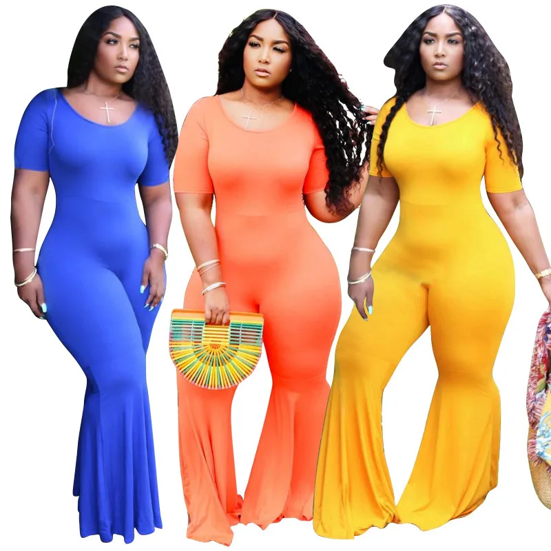 

KG4273 2021 Summer Fashion Solid Color plus size Short Sleeved Flared Trousers Womens One Pieces Jumpsuits, As picture shown