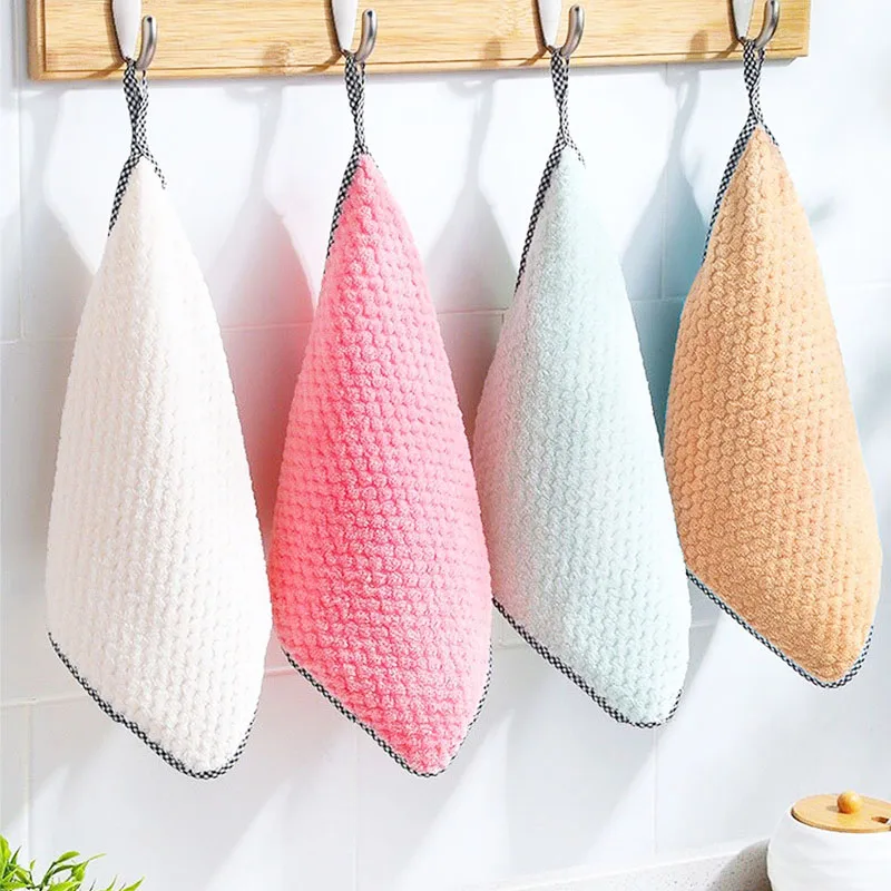 

Kitchen Absorbent Scouring Pad Daily Dish Towel Non-stick Oil Thickened Table Microfiber Cleaning Cloth, White ,red ,blue ,orange or customized