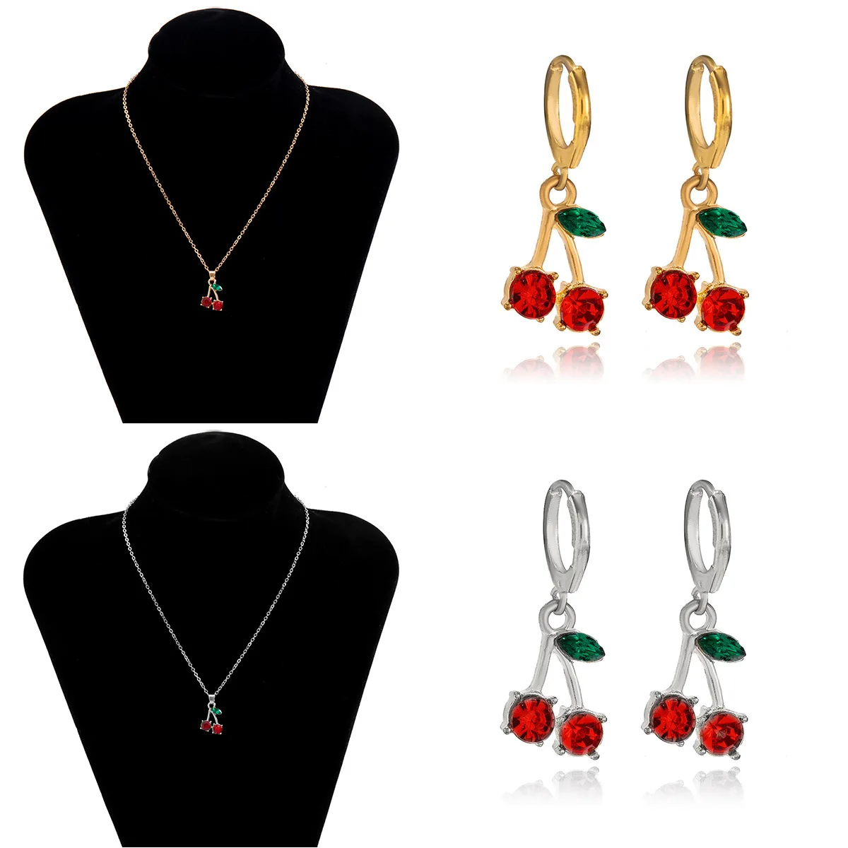 

Sweet Beautiful Three Colors Cherry Pendants Necklace Earrings Diamond Fruit Cherry Charm Huggie Earrings Necklace Set, As picture