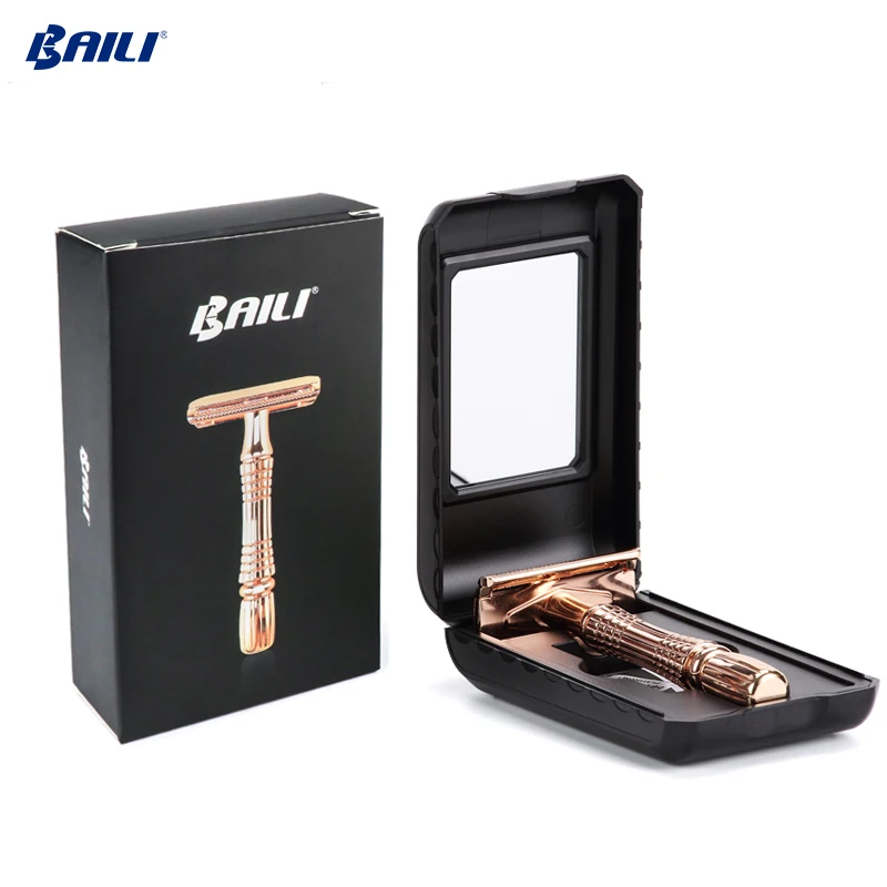 

Baili Maquinilla Afeitar Seguridad in Stock Shaving Set Reusable Rose Gold Safety Razor with Mirrored Travel Case