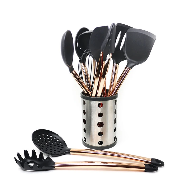 

Amazon hot sale silicone kitchenware cooking silicone kitchen utensils set with Gold plated classic stainless steel handle
