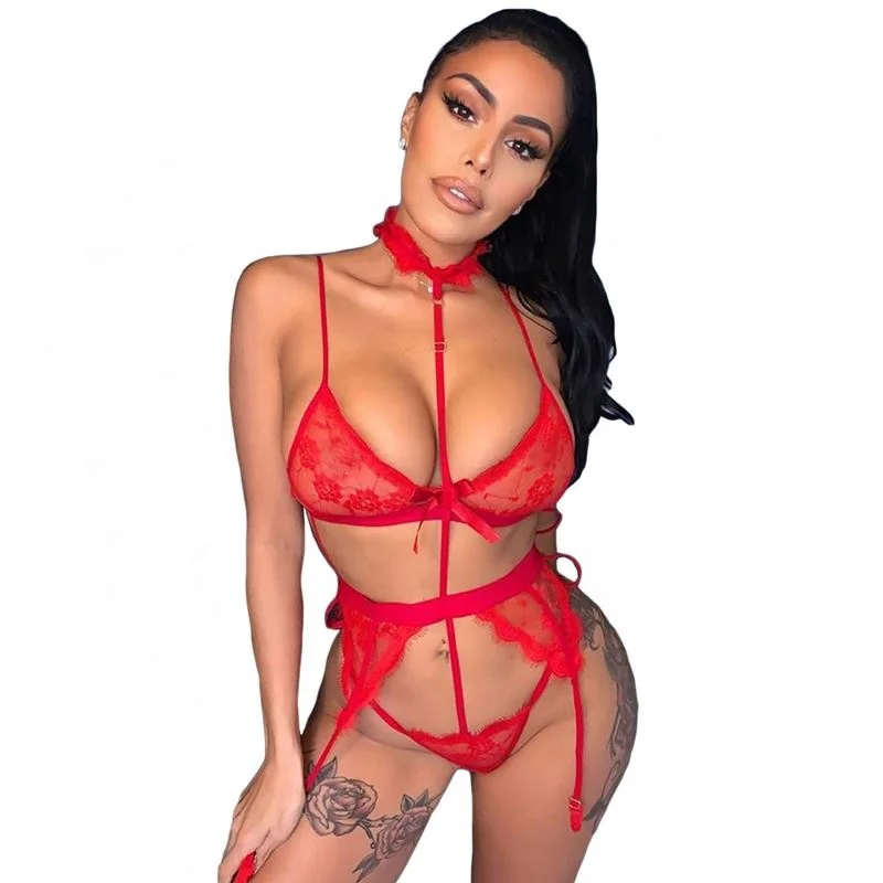 

Wholesale Women Sexy Lingerie Lace Bralette Strappy Sheer 3 Piece Garter Set Erotic Red Dancer, Customized red lingerie 3 piece