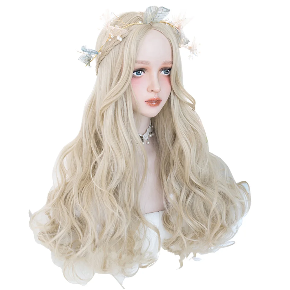 

Celebrity Daily Makeup Party Synthetic Hair Wig Beige Golden Long Wavy Grooming Face Harajuku Girls Cos Wigs Cute Lolita Wig, Pic showed