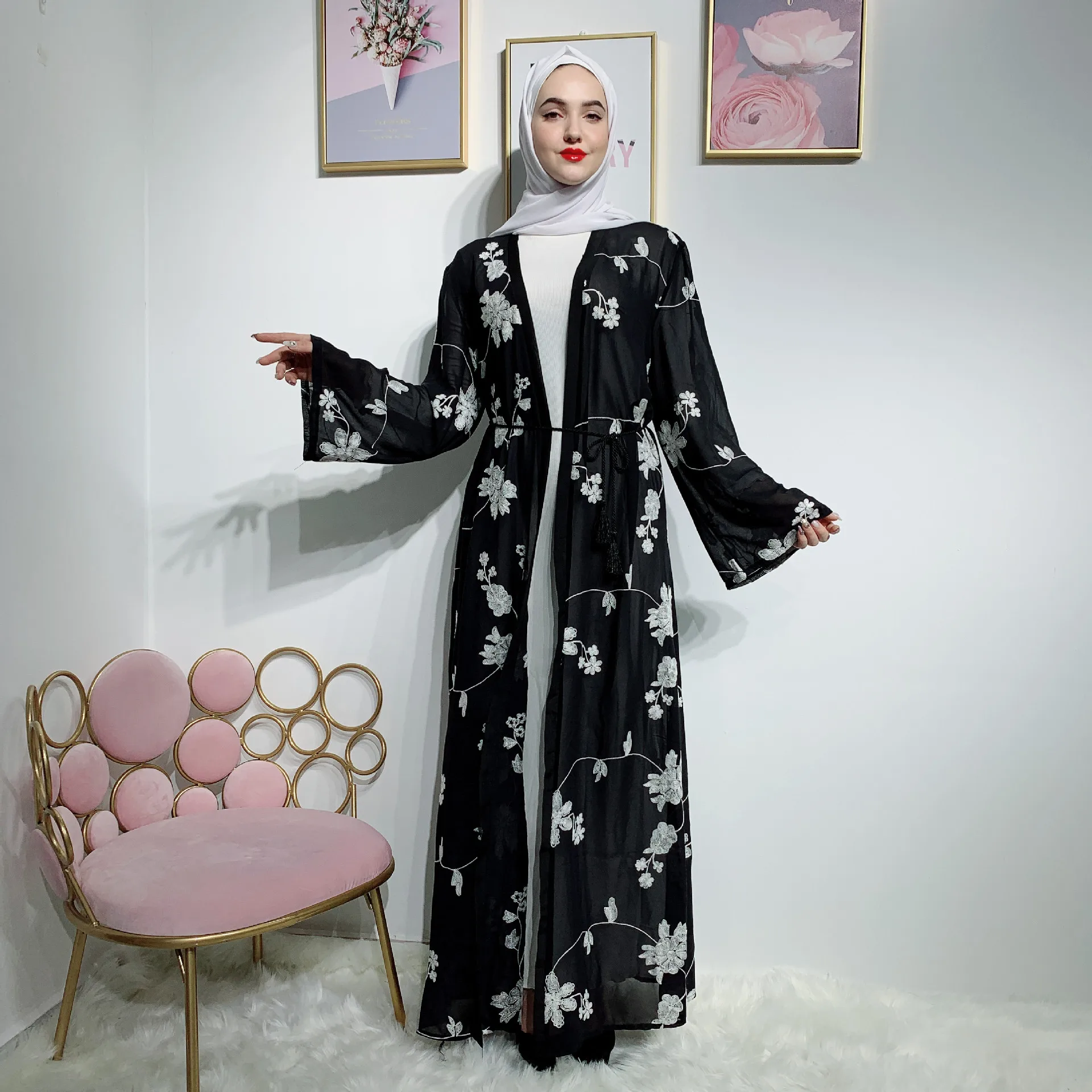 

Elegant Arab Abaya Kaftan Flora Printed Woman Muslim Robe, Customized color