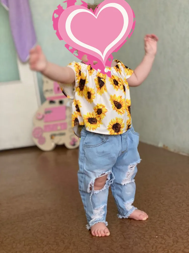 

Wholesale Summer Baby Girl Clothes Off Shoulder Sunflower Tops Ripped Denim Pants Headband 3pcs Outfits, As picture