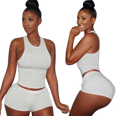 

2021 Summer Women Outfits 2 Piece Set Solid Shorts Casual Women Two Piece Sets Sports Cotton Two Piece Shorts Set, Shown