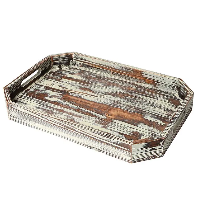

Rustic Torched Wood Serving Breakfast Tray, Coffee Server with Cut-out Handles and Angled Edges, Customized color