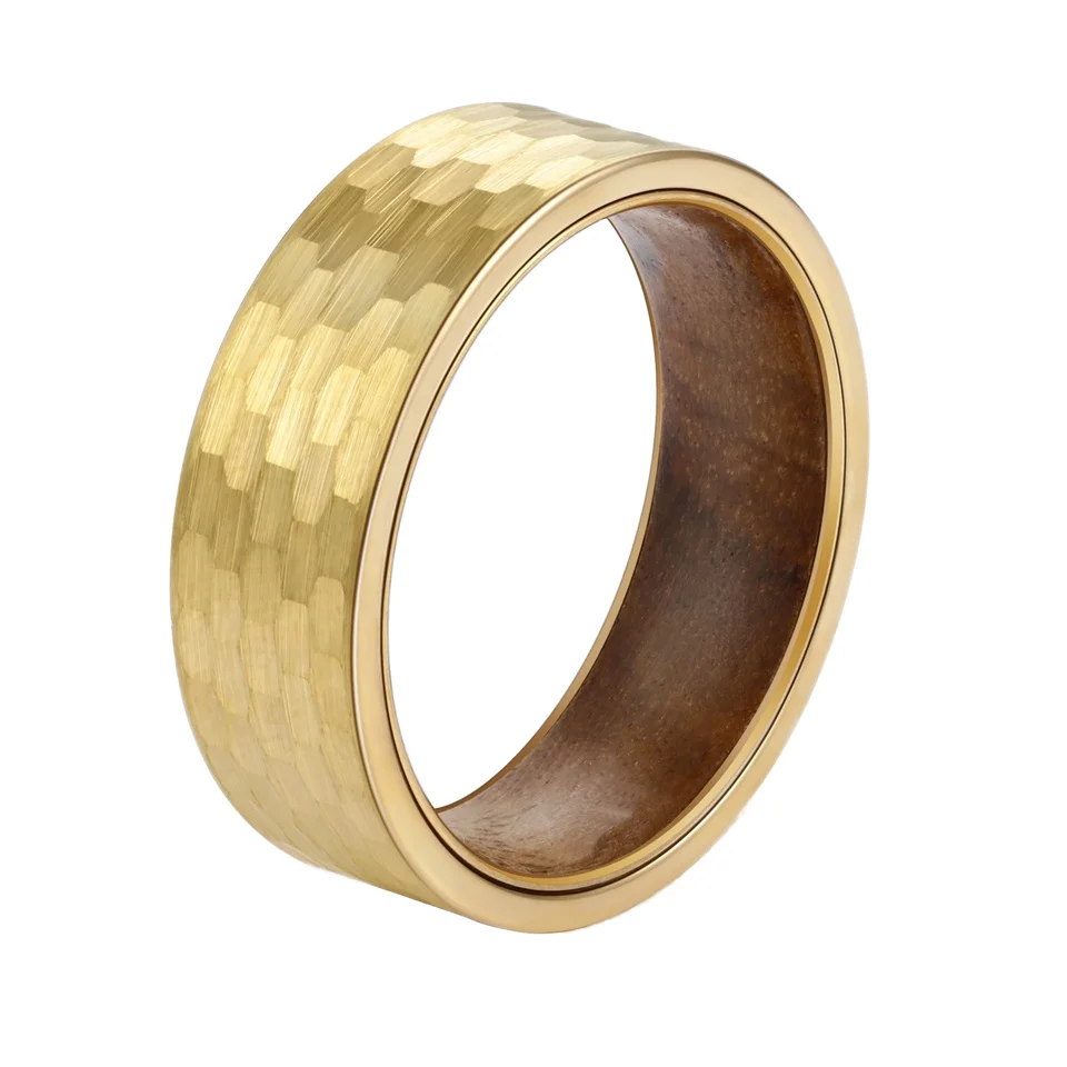 POYA Hammered Tungsten Ring Men's 8mm Gold Plated Wedding Engagement Band Koa Wood Inside Comfort Fit