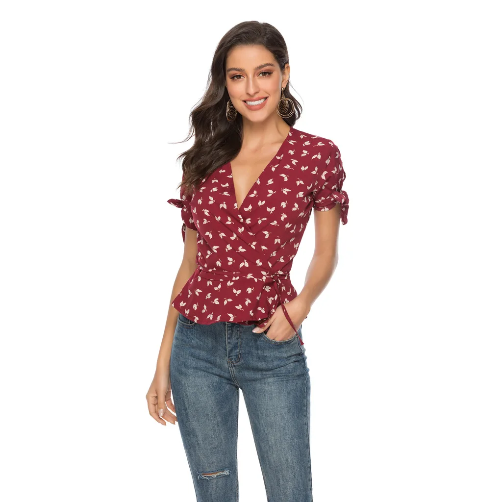 

New Arrival Floral V-neck Chiffon Shirt Women Clothes Summer 2021 Wholesale T Shirt, As picture or customized make