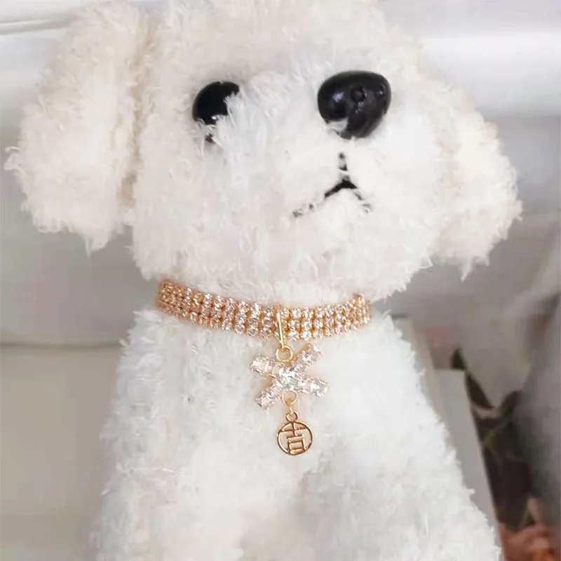 

Pet Jewelry Color Preserving Three-Drain Diamond Zircon Necklace Adjustable Cat and Dog Jewelry Bow Lucky Pendant Pet Collar, Gold,rose gold