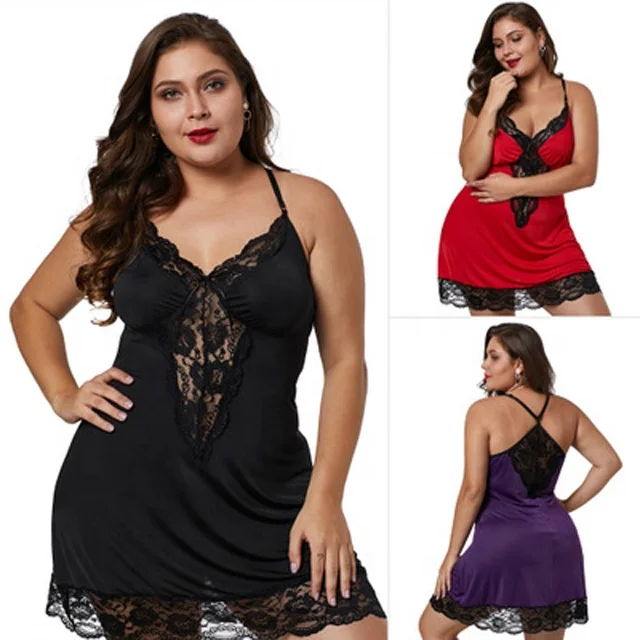 

Sexy Lady Lace Lingerie Sling Nightdress Ice Silk Pajamas Women Plus Size Sleepwear Nightgown, Shown