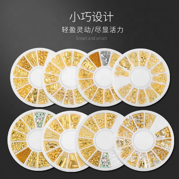 

11 Boxes 3D Nail Art Charms Accessories Gold Metal Punk Star Moon Heart Triangle Square Rivet Gems Nail Art Jewels Decal, As shown