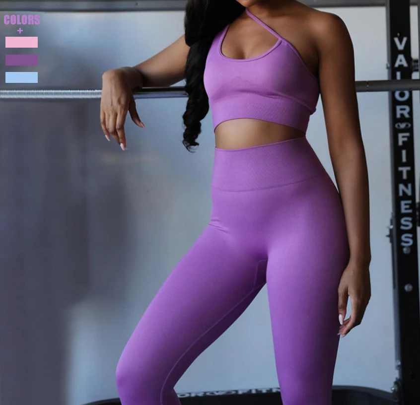 

Activewear Gym Clothing One Shoulder Seamless Sports Bra Workout Sets Women Bodybuilding Sports Suit, As shown
