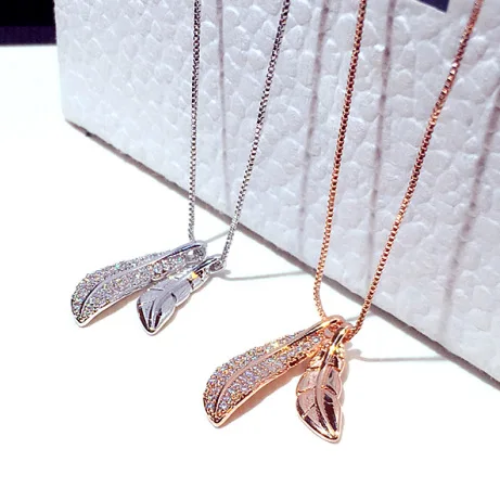 

2021 New Silver Plated Double Leaves Pendant Necklace Gold Plated Full Rhinestone Leaves Necklace