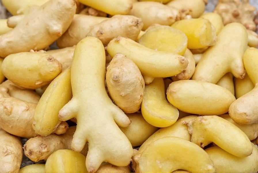 Fresh Thai ginger rhizomes with characteristic pale pink interior visible from a cross-section, showing the smooth brown exterior and fibrous texture