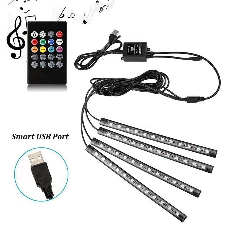 

4 Strips 72LEDs Car Interior Accessories Wireless Atmosphere Foot Lights Strips with Remote Control