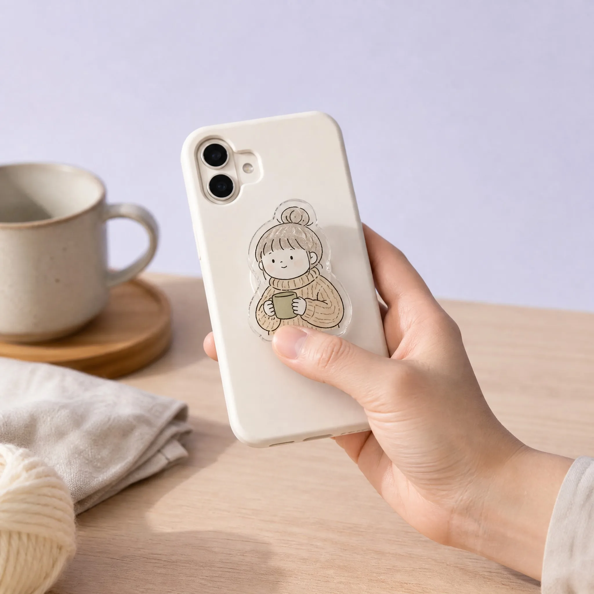 Real Lifestyle In-Hand Hold of Cozy Sweater Girl Acrylic Phone Grip on White Smartphone Case in Hygge Setting