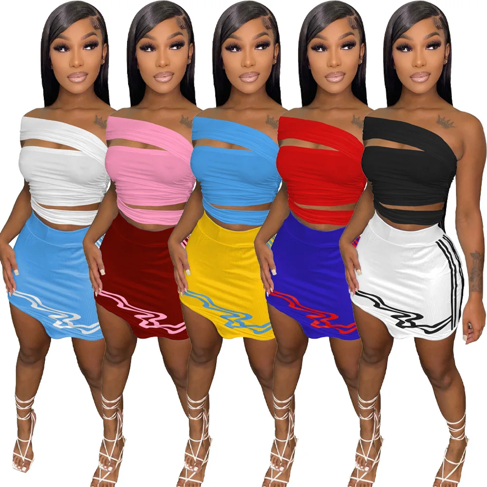 

2022 womens summer sets ladies cut out one shoulder top with skirt bandage two piece skirt set women