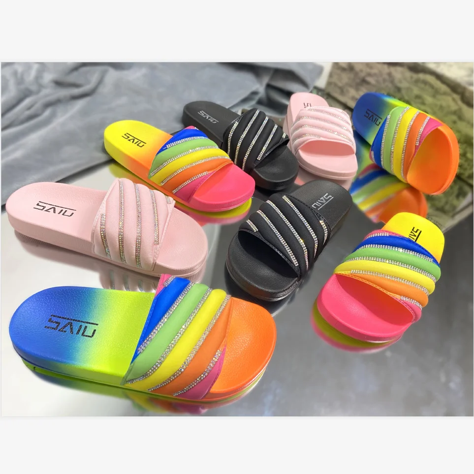 

Fashion summer women rainbow rhinestone slippers slides tie dye ladies diamond sandals colorful slippers for women