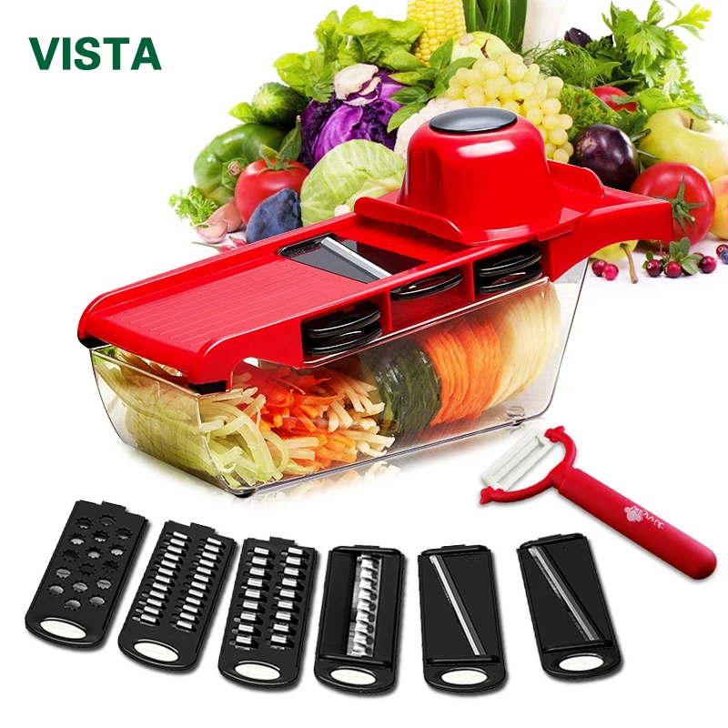

Vegetable Cutter with Steel Blade Mandoline Slicer Potato Peeler Carrot Cheese Grater vegetable slicer Kitchen Accessories, Red