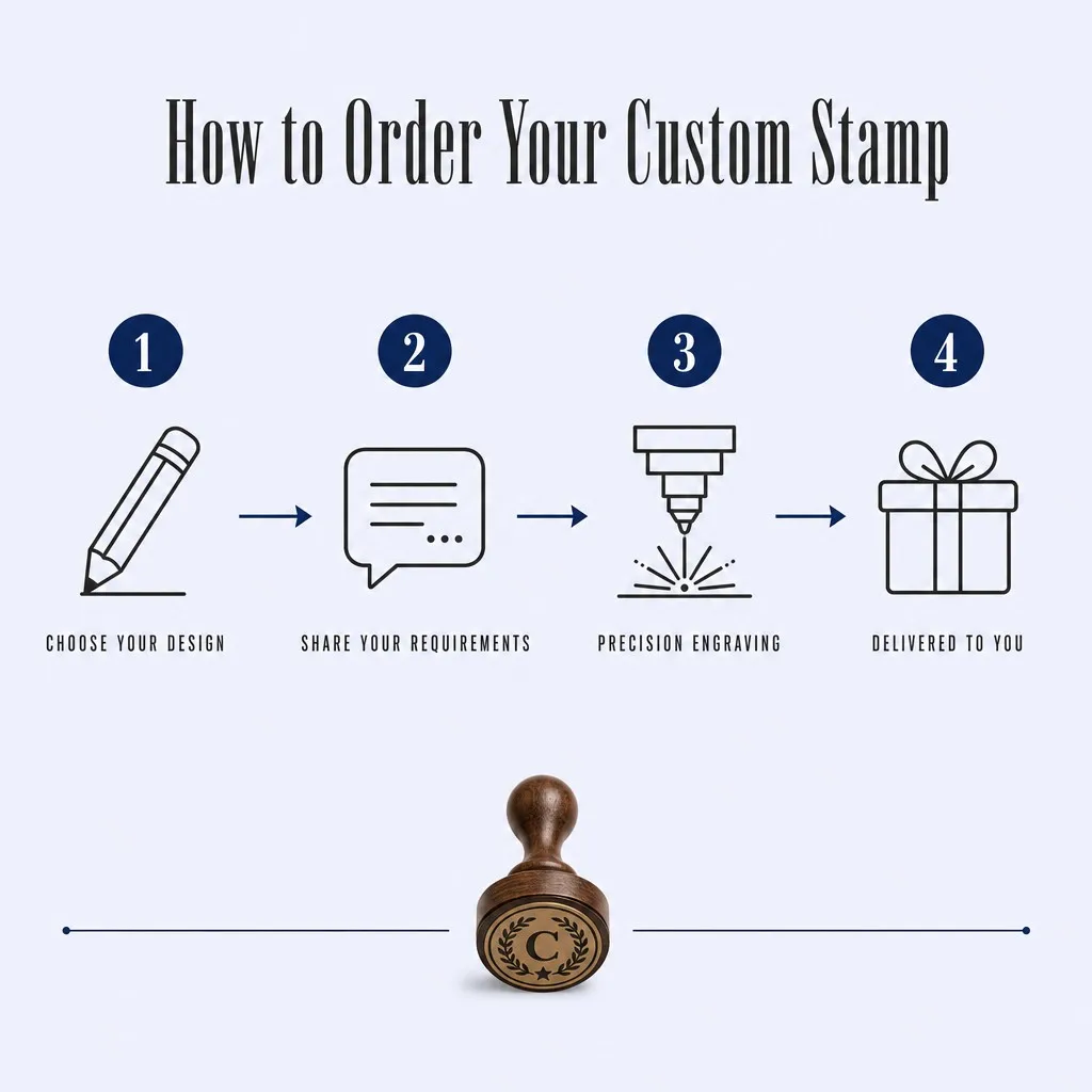 How to Order Your Custom Stamp - four steps: Choose Your Design, Share Requirements, Precision Engraving, Delivered to You