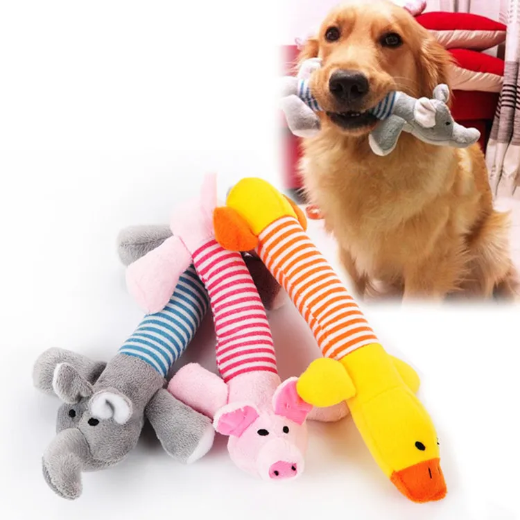 

Long striped animal cat plush toy squeak cute chewing teething wool durable plush dog toy, Gray pink yellow