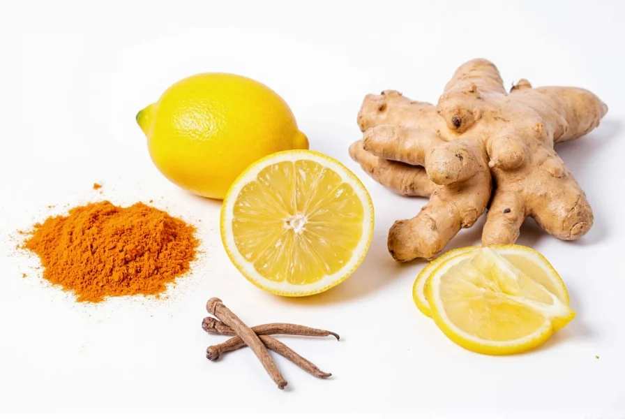 Turmeric juice ingredients including fresh turmeric, ginger, lemon, black pepper, and coconut oil