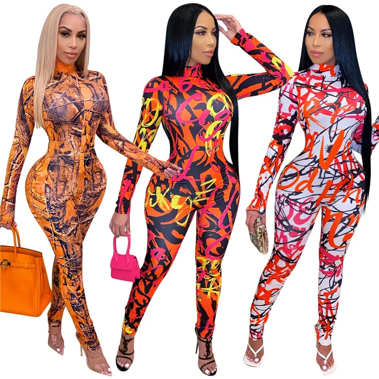 

Casual Tree Print Jumpsuit Sexy Bodycon Bodysuit Streetwear Skinny Long Rompers Womens Jumpsuit Overalls, As picture