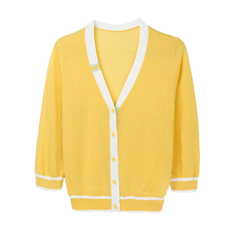 

Women's Knitted Cardigan Color Matching Jacket Linen Outer Short Sun-proof Three-quarter Sleeve Top