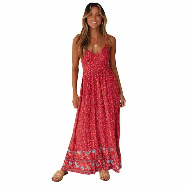 

Summer Trend Bohemian Printed V-neck Sling Long Floral Dress, Picture color