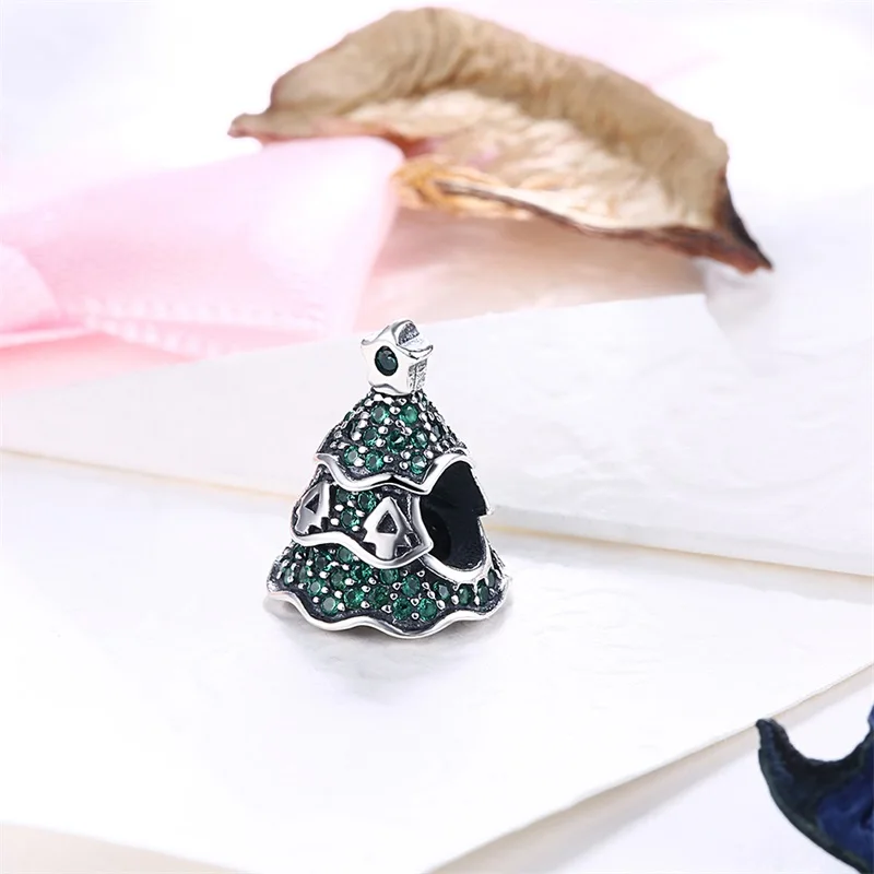 

925 Sterling Silver Charms Christmas tree Green Cubic Zircon Fit Original Charm Bracelet Necklace DIY Jewelry