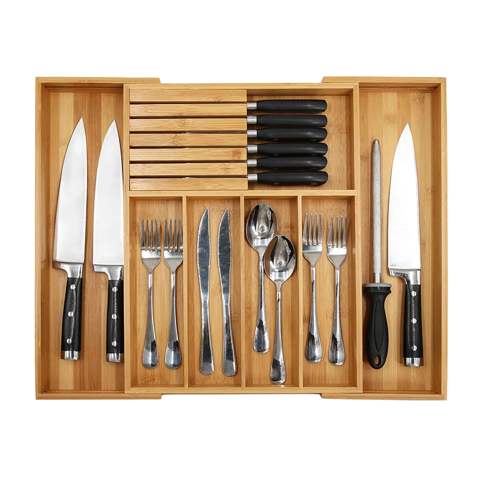 

Bamboo Wood Expandable Kitchen Utility Cutlery Holder Silverware Tray Drawer Utensil Organizer, Natural