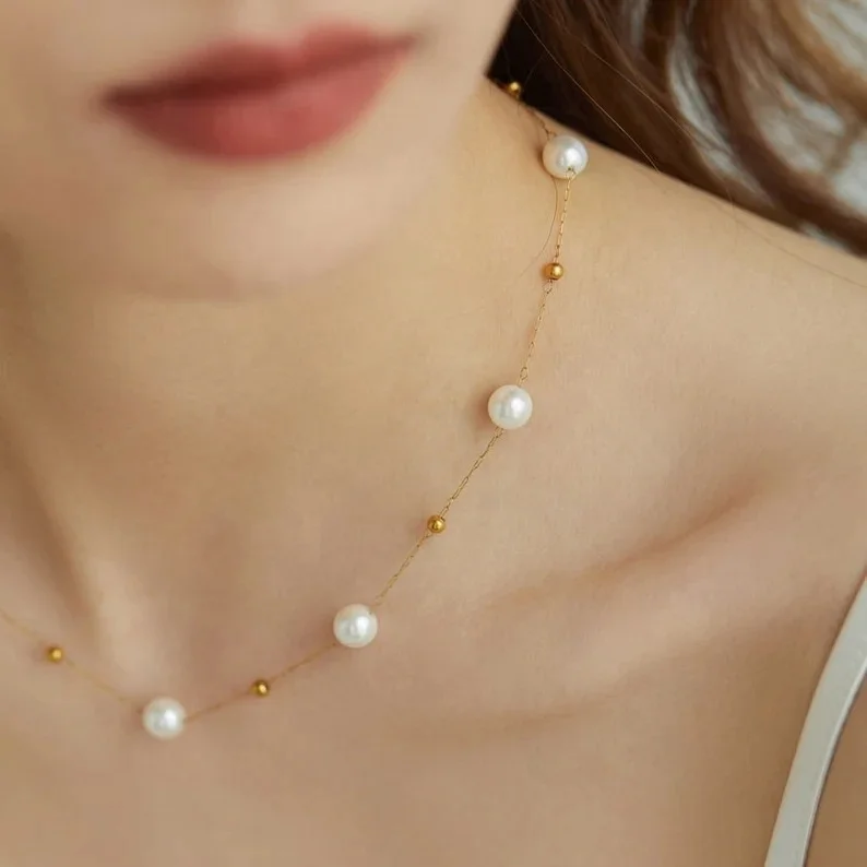 

18K Gold Stainless Steel Seed Bead Big Pearl Necklace Cute White Pearls Satellite Clavicle Chain Choker Women Bridesmaid Jewelry
